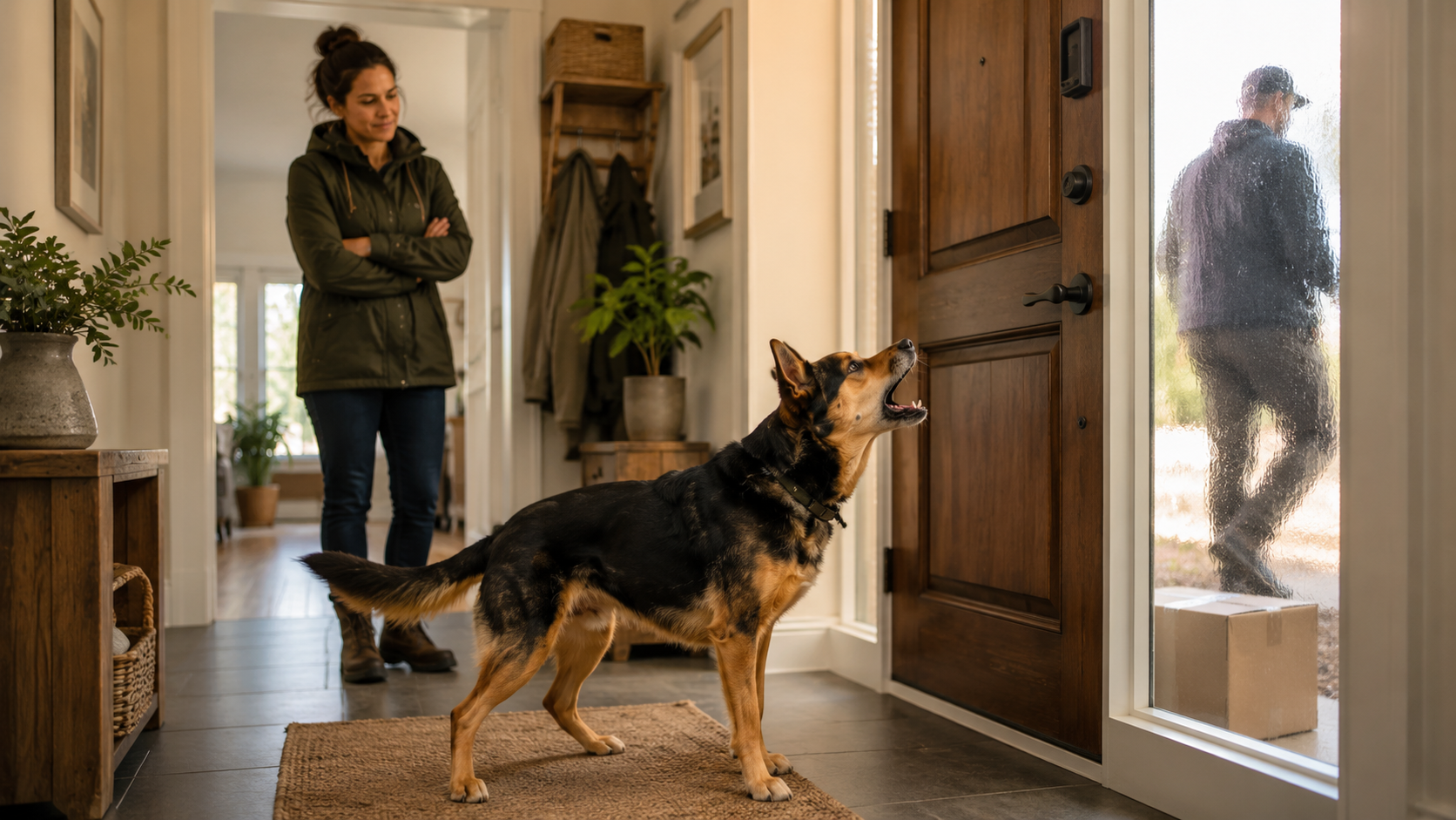 Hund bellt im Hausflur an der geöffneten Haustür, draußen steht ein Paket und der Zusteller geht weg, die Halterin steht im Hintergrund
