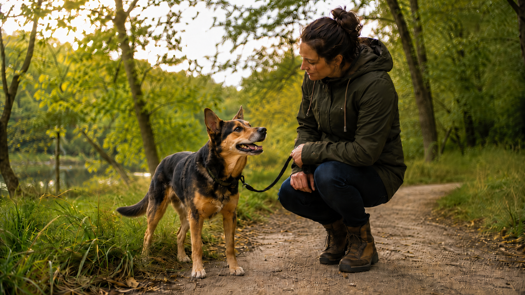 Frau kniet auf einem Waldweg neben ihrem Hund an lockerer Leine, Hund und Mensch schauen einander an