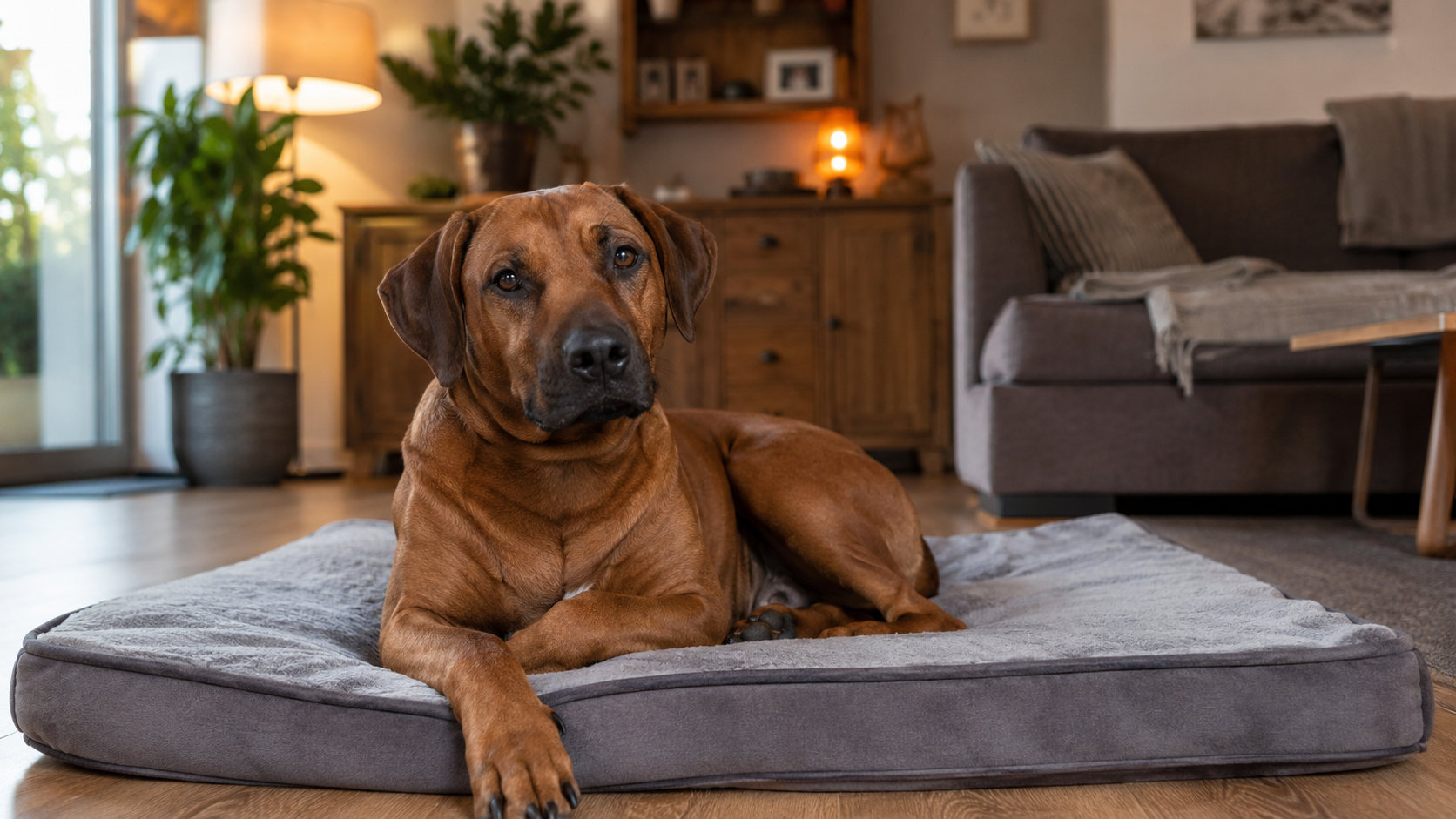 Rotbrauner Hund liegt entspannt auf einem grauen Hundebett im Wohnzimmer