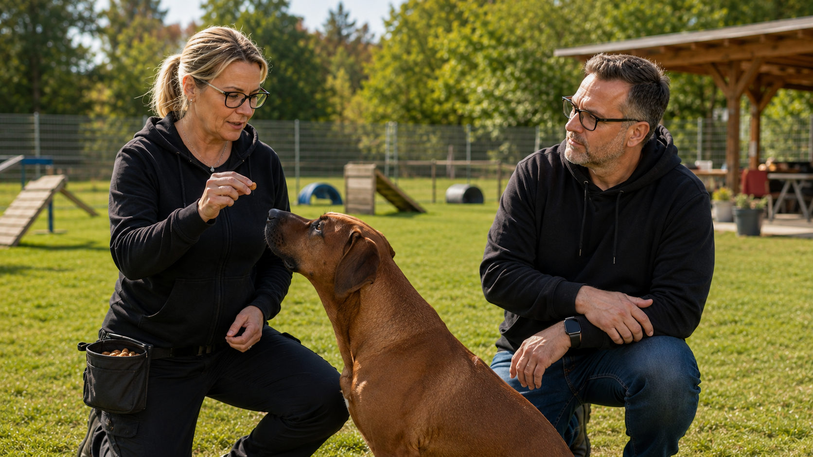 Hundetrainerin mit Leckerlibeutel belohnt einen Hund auf dem Trainingsplatz, ein Halter kniet daneben