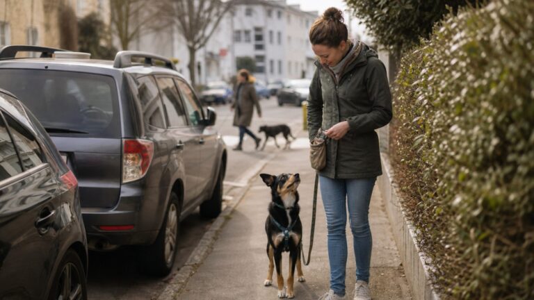 Ein Hund an lockerer Leine blickt auf einem Gehweg zu seinem Menschen hoch, während im Hintergrund ein anderer Hund mit Abstand vorbeigeht.